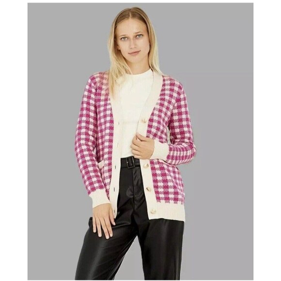 Who What Wear Cardigan Long Sweater Size M Pink Houndstooth Gold Buttons Pockets - Picture 5 of 14